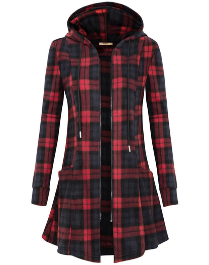 Miusey Holiday Sweaters for Women Long Zip Up Jacket Trendy Fleece Tunic Sweatshirts Christmas Full Zip Long Hoodies Red Plaid Large