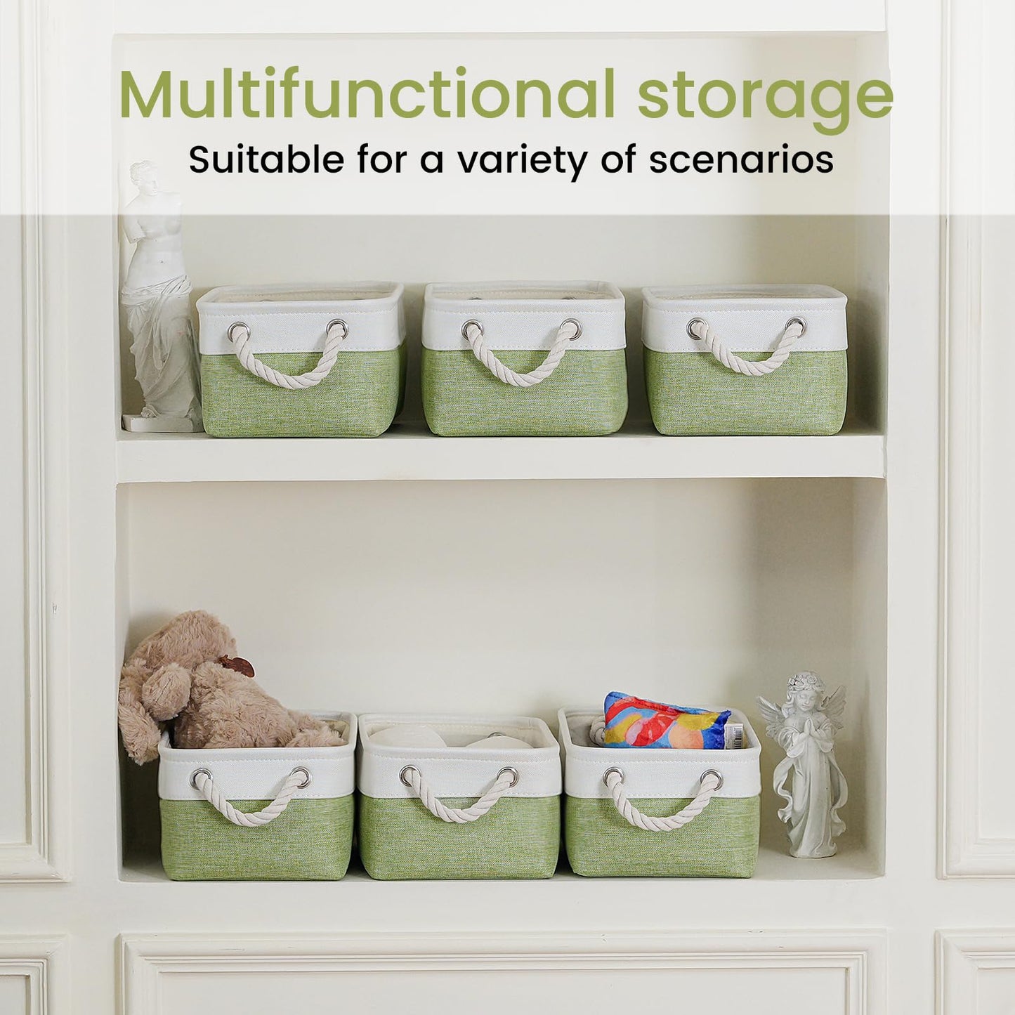 VQRTEXA Storage Baskets for Shelves 11.8x7.9x5.2 Inch, Foldable Fabric Storage Bins with Handles, Small Storage Baskets for Organizing Closet, Office, Home Organization (3-Pack, White&Green)