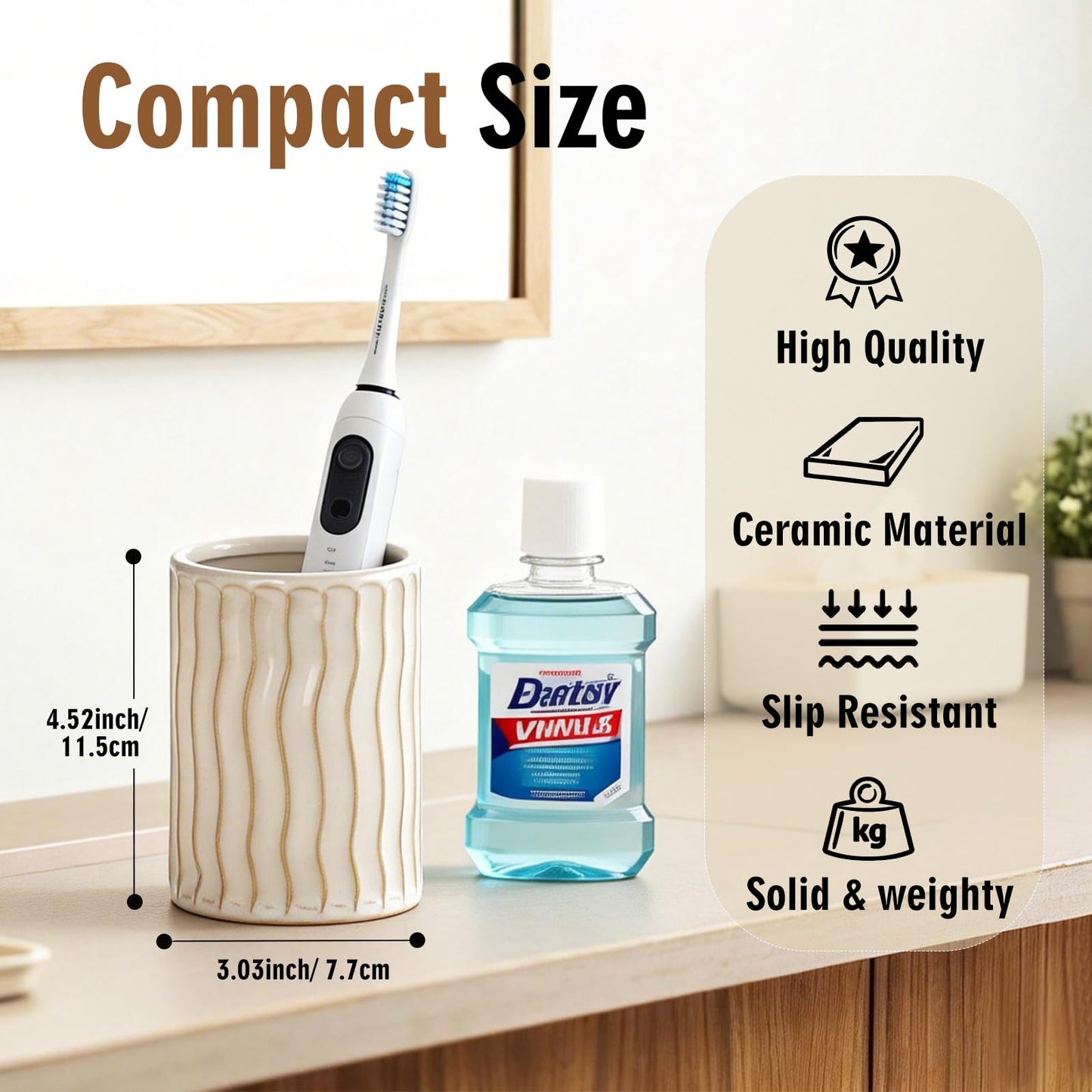 Ceramic Toothbrush Holder for Bathroom, White Tooth Brushing Holders, Bathroom Counter Organizer, Toothbrush Mouthwash Cup for Family