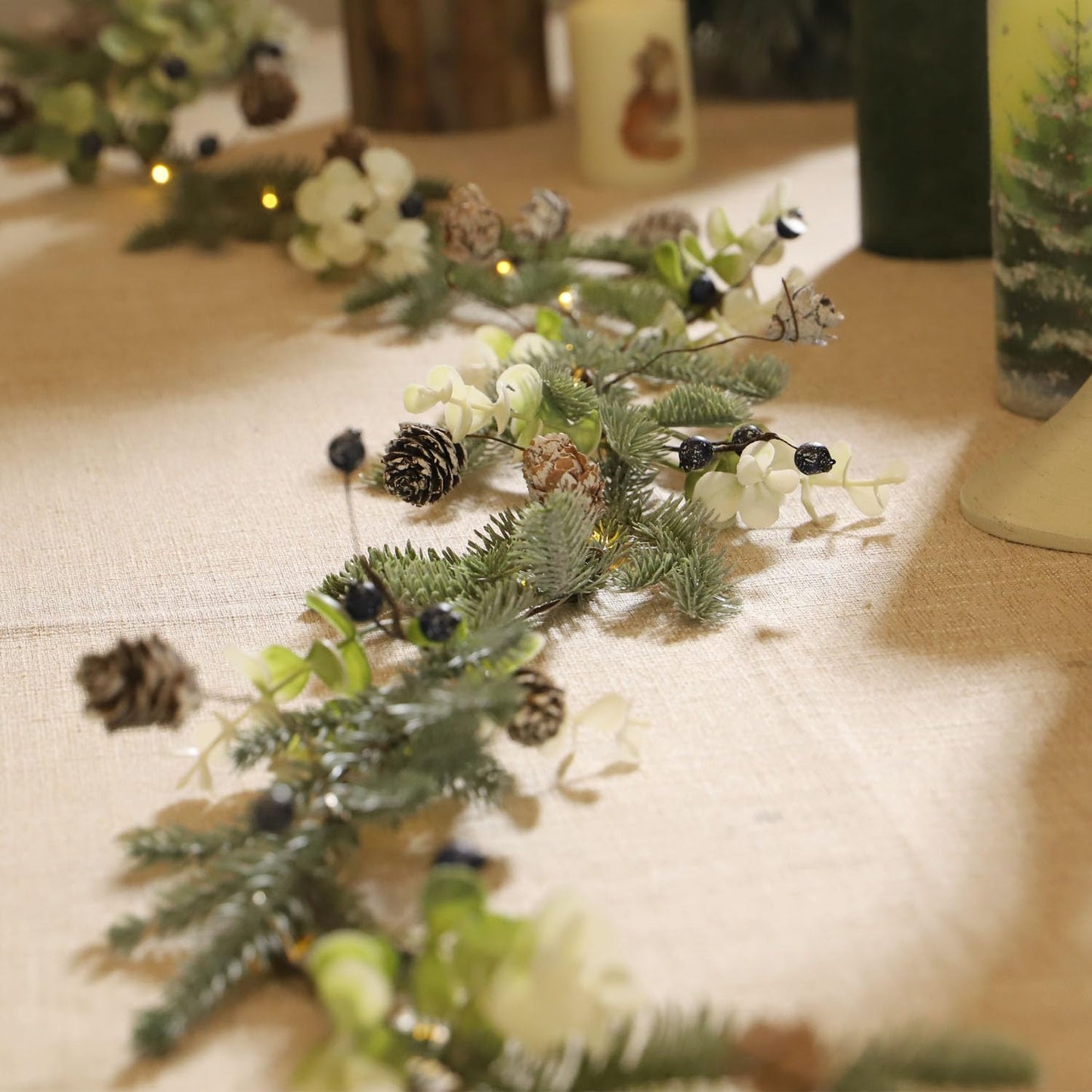 MIYA LIFE Mixed Berry Christmas Garland with Lights - 6.5FT Norfolk Pine Branch with Blueberry, White Flowers & Warm White LED Lights Battery Powered with Remote Ideal Christmas Garland for Mantle
