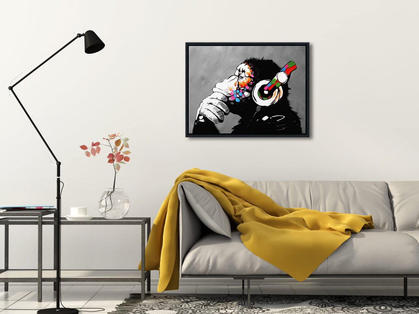 Wieco Art Black Framed Monkey With Headphones Banksy Graffiti Art Abstract Canvas Paintings Prints Animal Canvas Wall Art for Wall Decor and Home decorations Office Decor