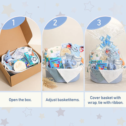 Baby Boy Gifts Basket,Newborn Baby Gifts for Boys with Blanket Onesies Toys,Baby Shower Gift for Baby Boy,Gender Reveal Gift