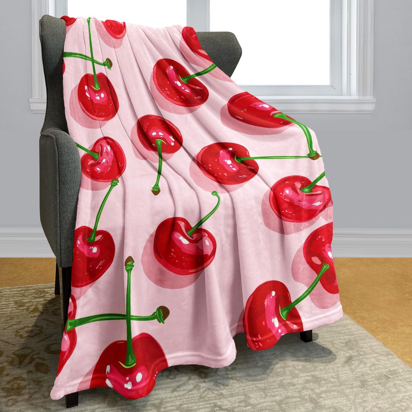 XSMEI Cherry Pattern Throw Blanket, Decorative Fleece Blanket with Fresh Fruit Design, Super Soft Warm and Cozy, Gifts for Women Girls Kids, 50" x 60"