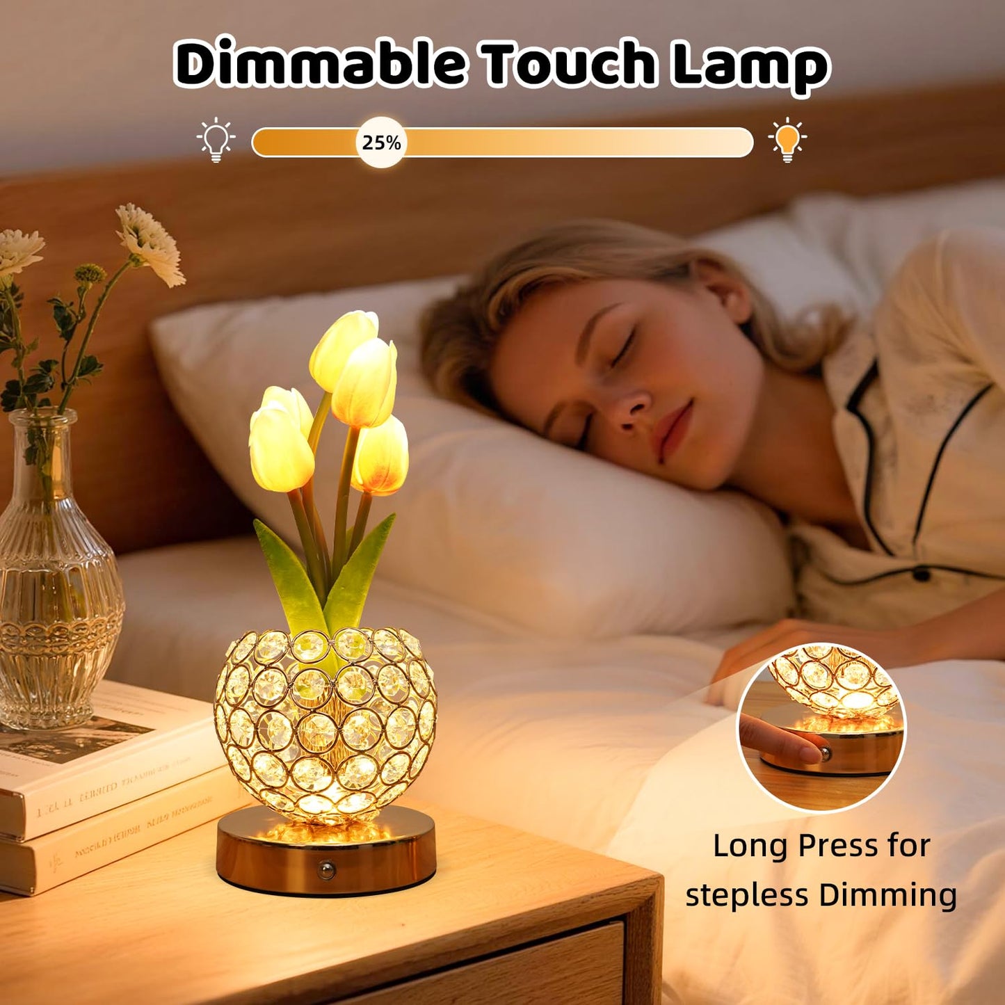 Komothala Tulip Flower Lamp,4000mAh Rechargeable Cordless Lamp with 3-Colour Stepless Dimming,Touch Control Cordless Table Lamp Night-Light for Home Decor,Unique Birthday Gifts for Women