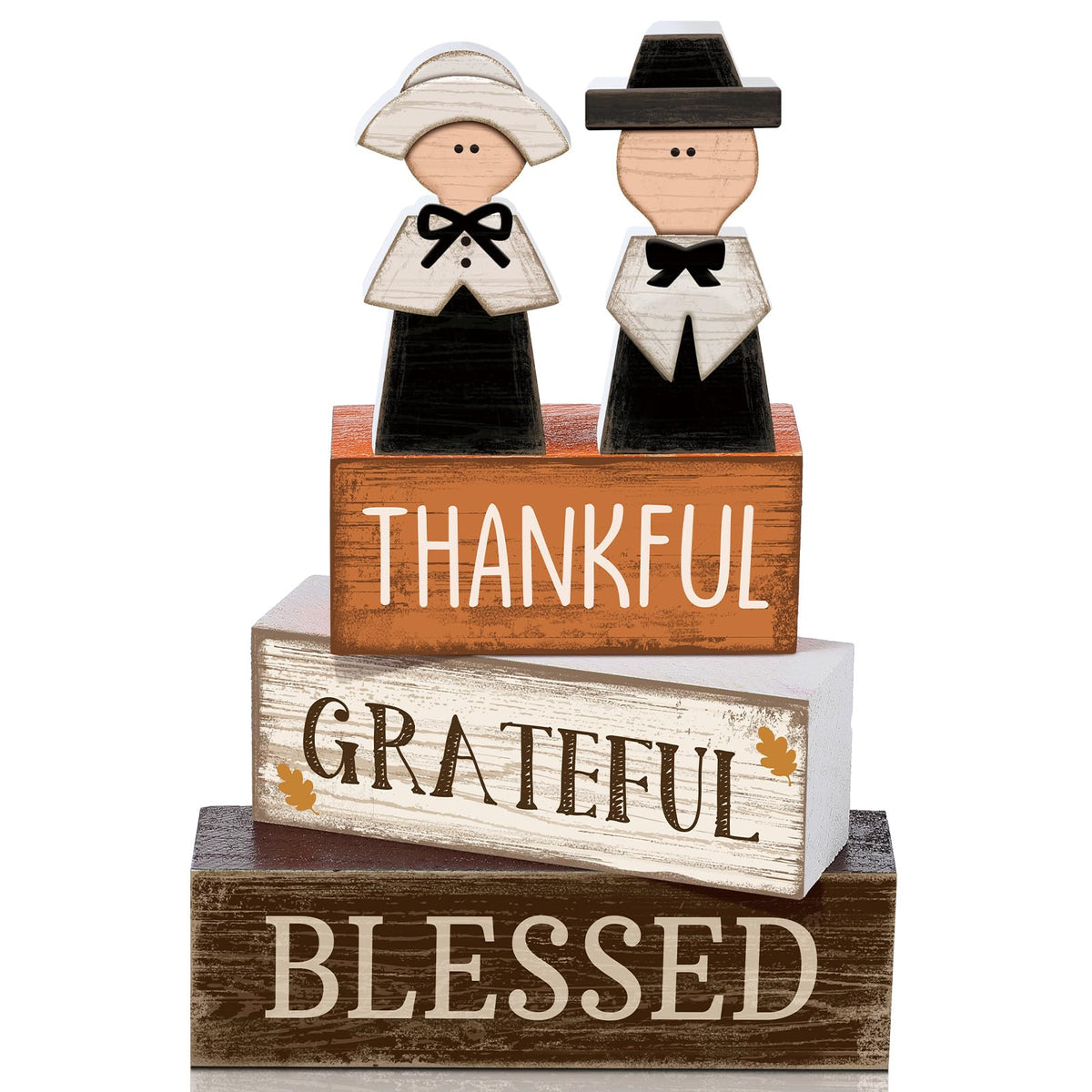 Lineshading 4 Pcs Fall Table Decoration Wooden Pilgrim Couple Decor Thanksgiving Tiered Tray Decor Fall Centerpiece Rustic Decorative Pilgrim Block Signs Gift Farmhouse for Home Kitchen Shelf