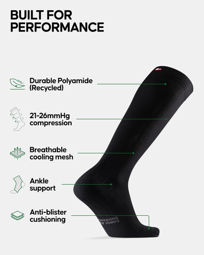 DANISH ENDURANCE Running Compression Socks, Flight Socks, 21-26mmHg, Graduated, for Men & Women, Unisex, Black, 43-47