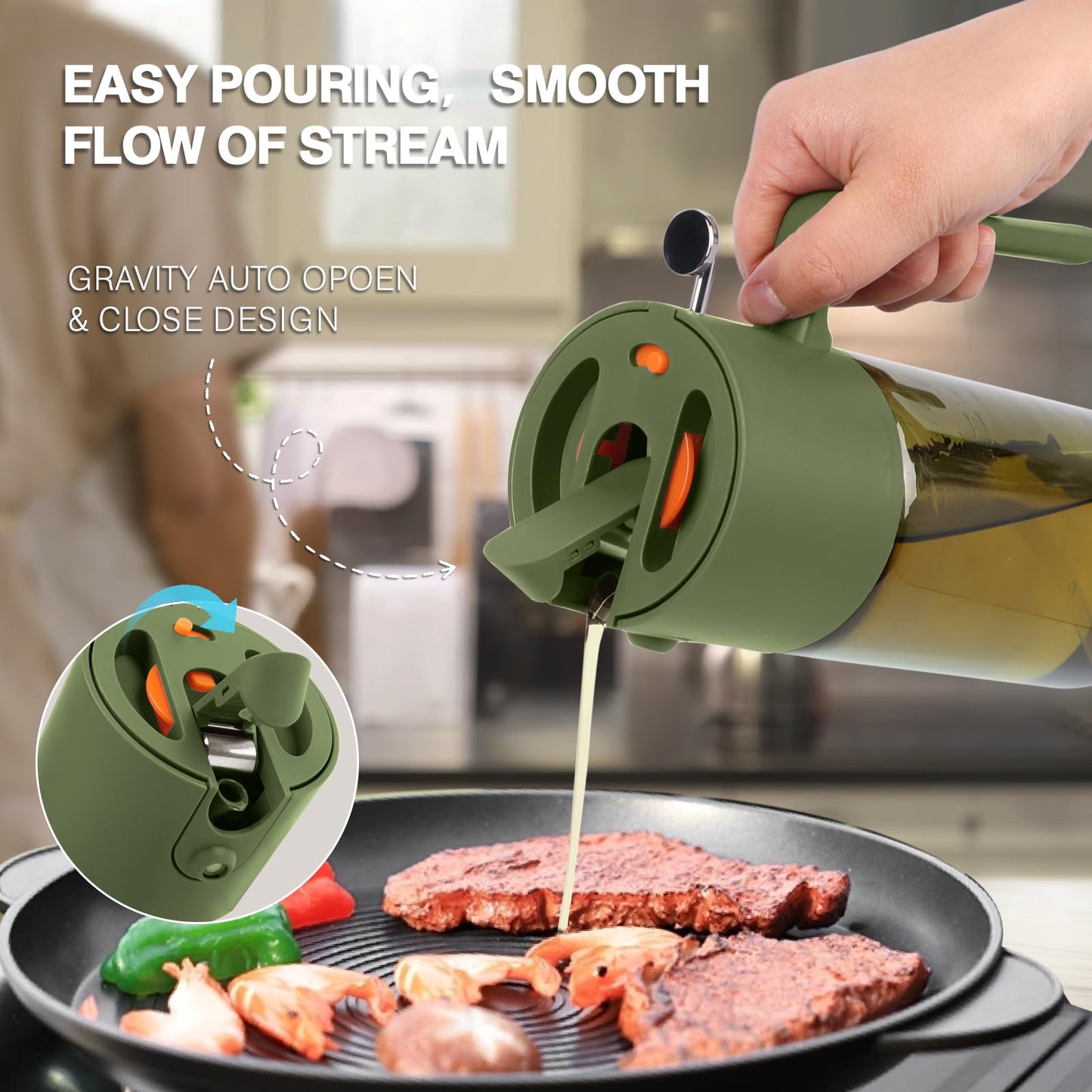 2-IN-1 500ml/17oz Light-Blocking Dark Oil Sprayer for Cooking with Sticker, Dark Green Glass Olive Oil Dispenser Bottle for Kitchen, Even Spray with Portion Control, Perfect for Air Fryer, BBQ - Black