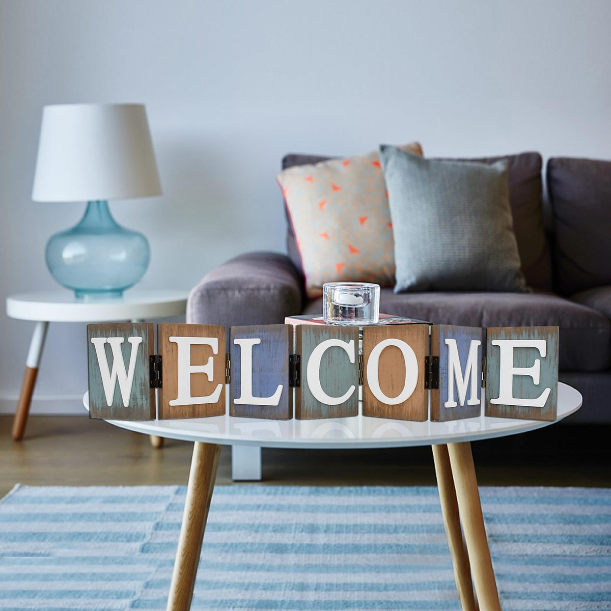 Rustic Wood Welcome Sign Cutout, Teal Wooden Tabletop Folding Decorative Word Sign, Freestanding Hinged Block Letters Home Decor