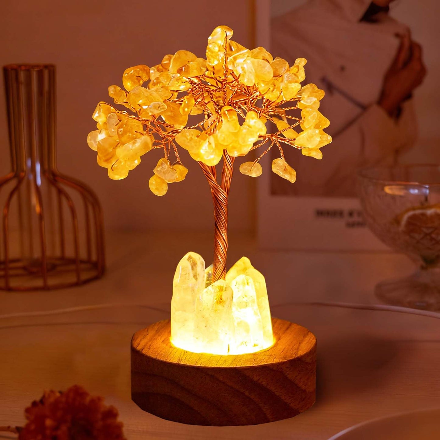Runyangshi Runyanshi Citrine Money Tree Lamp - Abundance Crystal Night Light w/ 108 Natural Citrine Chips, Wood Base & USB Power, Manifestation Desk Decor for Wealth, Office, Gift