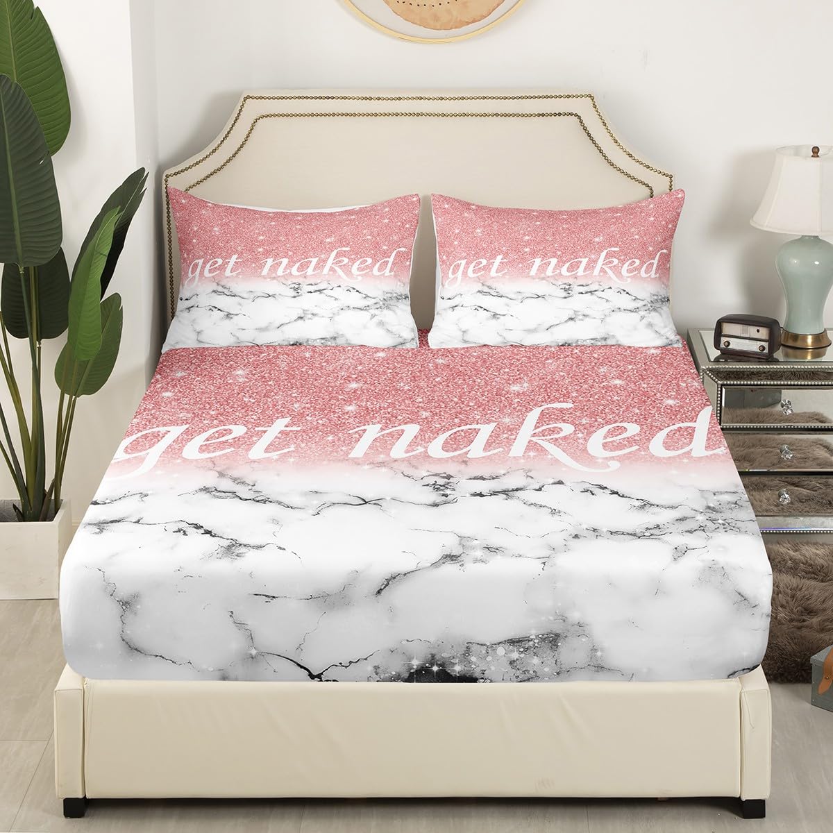 Feelyou Get Naked Bed Sheet Set Full Size Marble Ombre Kids Fitted Sheet for Boys Girls Women Girly Pink Gradient Glitter Bedding Set Funny Quotes Bedding Sheets Pink Grey White Room Decor