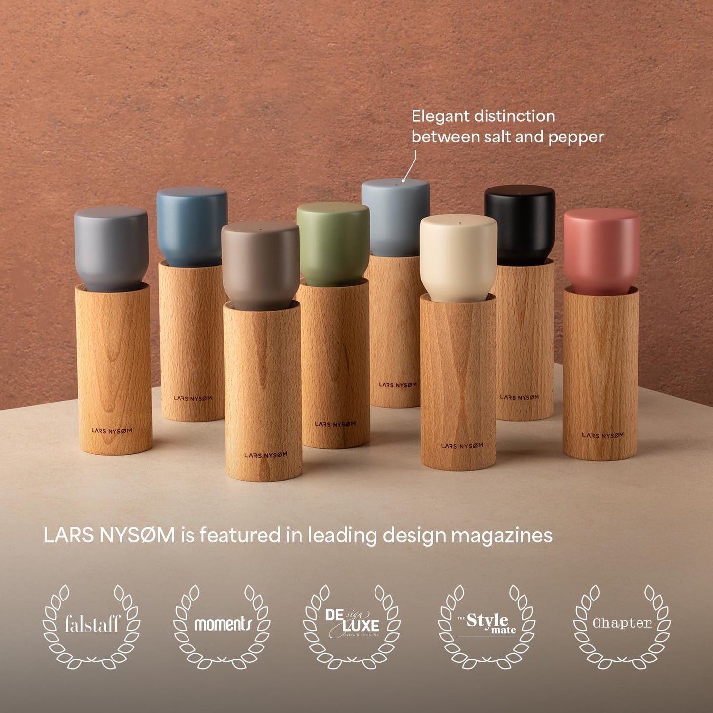 LARS NYSØM Wooden Salt and Pepper Grinder Set Manual - Salt and Pepper Mills with Adjustable Ceramic Grinder - Elegant Beechwood Pepper and Salt Mill Set for Dining Table (Brick Red)