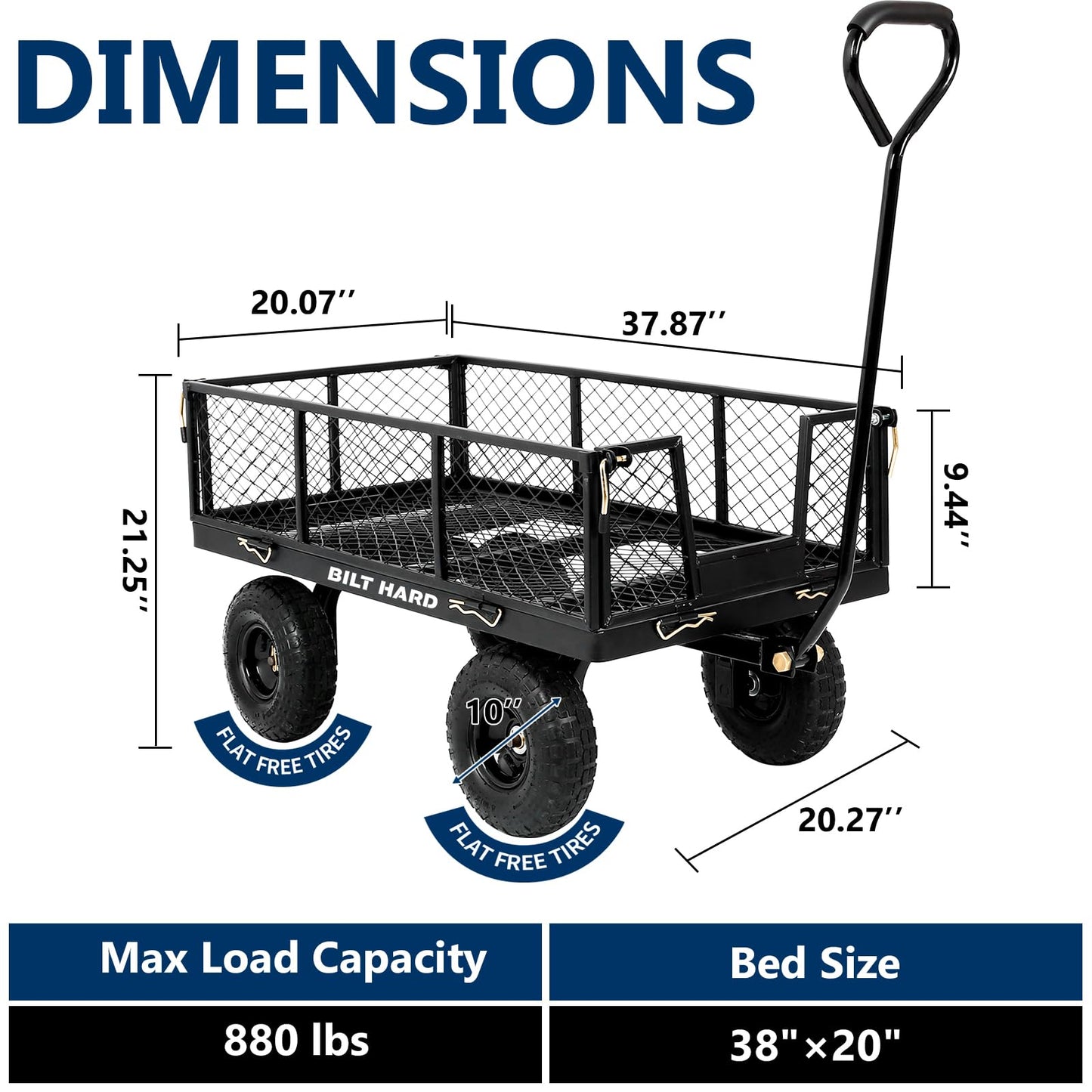 BILT HARD 880 lbs 10" Tires Steel Garden Cart with 180° Rotating Handle and Removable Sides, Heavy Duty 4 Cu.Ft Capacity Utility Garden Carts and Wagons, Black