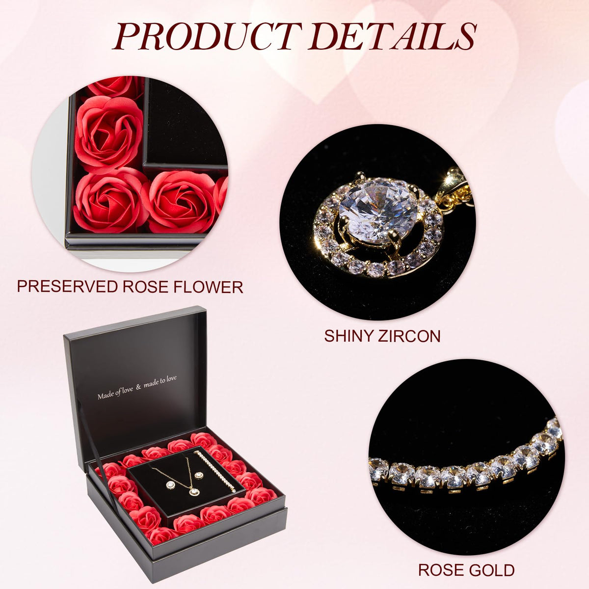 WDS WONDROUS Preserved Rose Jewelry Set for Women, 4-Piece Red Rose Gift Box with Necklace Earrings Bracelet, Valentines Day Anniversary Birthday Gift for Her Wife Girlfriend Mom