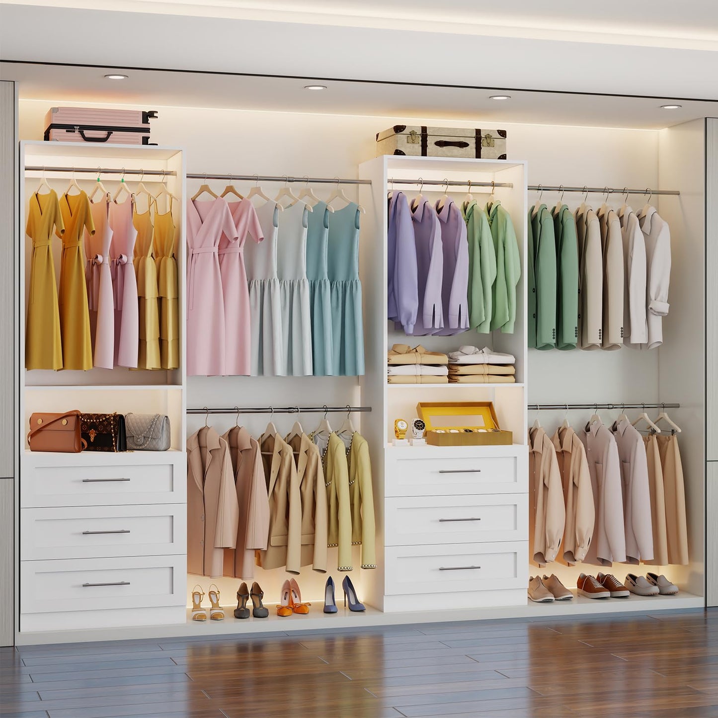 Closet System with 6 Drawers, 4FT-15FT 2-Piece Closet System, Walk in Closet System Organizer, Modular Closet System with 10 Adjustable Hanging Rods & Shelves, Closet Storage System for Bedroom, White