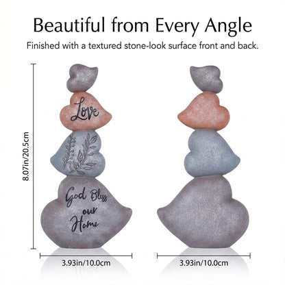 8.07in Heart Sculpture Decor, Textured Stone-Look Love Statue with God Bless Our Home Message, Stacked Heart Figurine for Shelf, Tabletop and Mantel, Housewarming Gift, Heart Decorations for Home