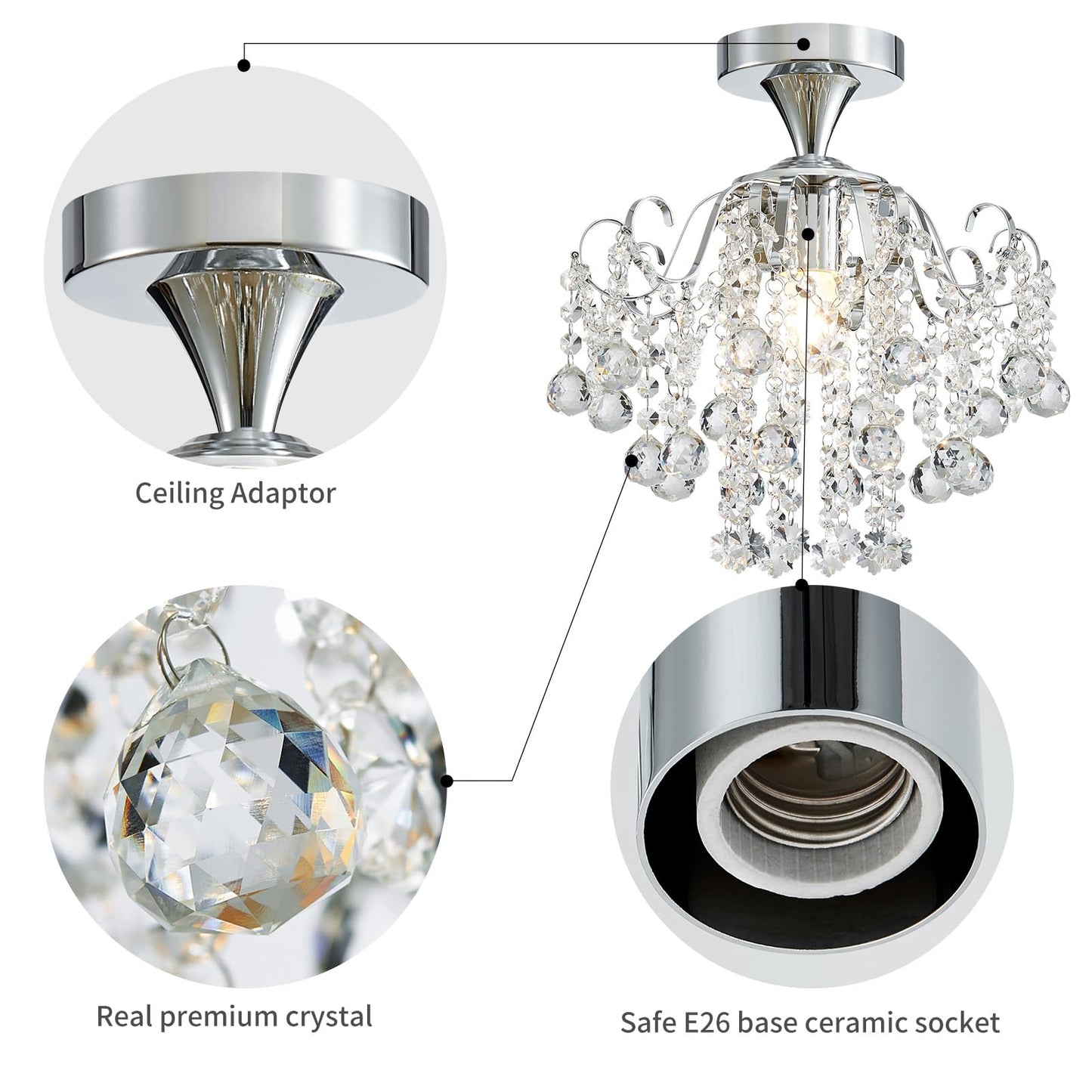 WUZUPS Crystal Chandelier Flushmount Ceiling Light Modern Lighting Fixture for Bedroom Hallway Bar Kitchen Bathroom, H 13.4" x W 12.6", E26 Base, Chrome