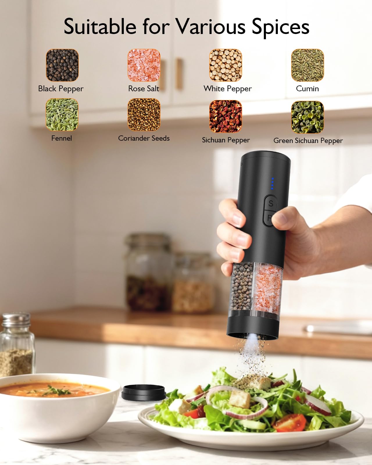 Electric Salt and Pepper Grinder Set, 2 in 1 Dual Bins USB Rechargeable Refillable Automatic Salt and Pepper Mill Shaker with LED Light, Dual Ceramic Grinder Adjustable Coarseness, kitchen gift, Black