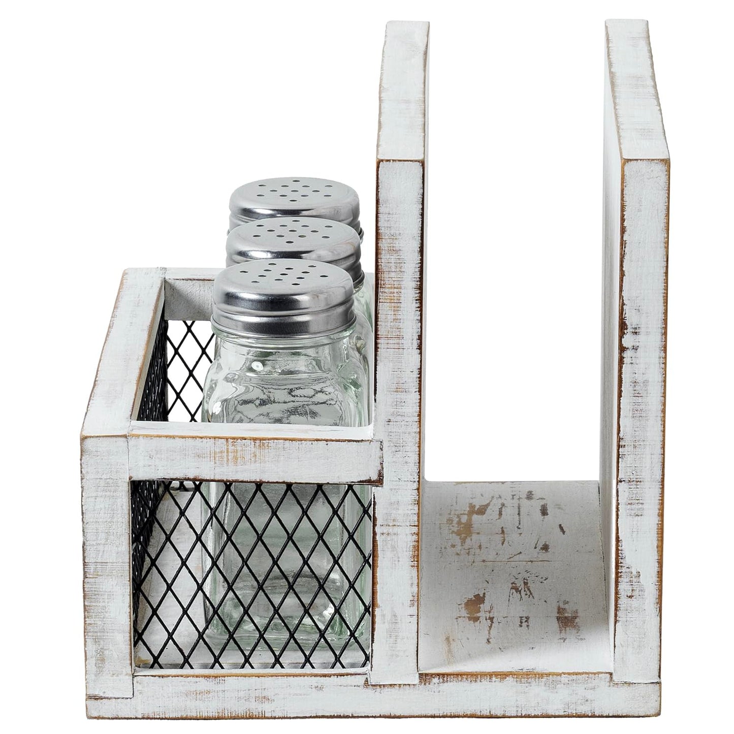 FARM IN Napkin Holder, Farmhouse Multifunctional Napkin Holder with Salt and Pepper Shakers Holder for Home and Commercial Use, Rustic Solid White Washed Wood & Diamond Metal Wire Mesh