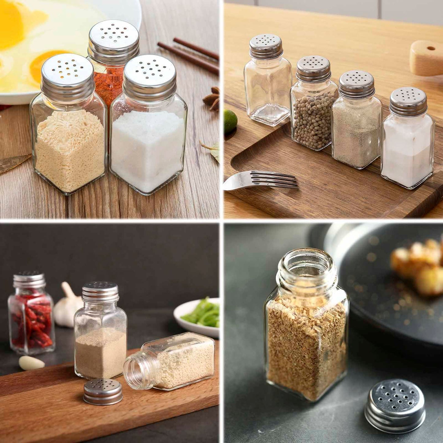 QISF 24 Pack Glass Salt and Pepper Shaker Set with Brush and Foldable Funnel, 1.75" x 3.75" Clear Spice bottle for Kitchen, Restaurants, Catering