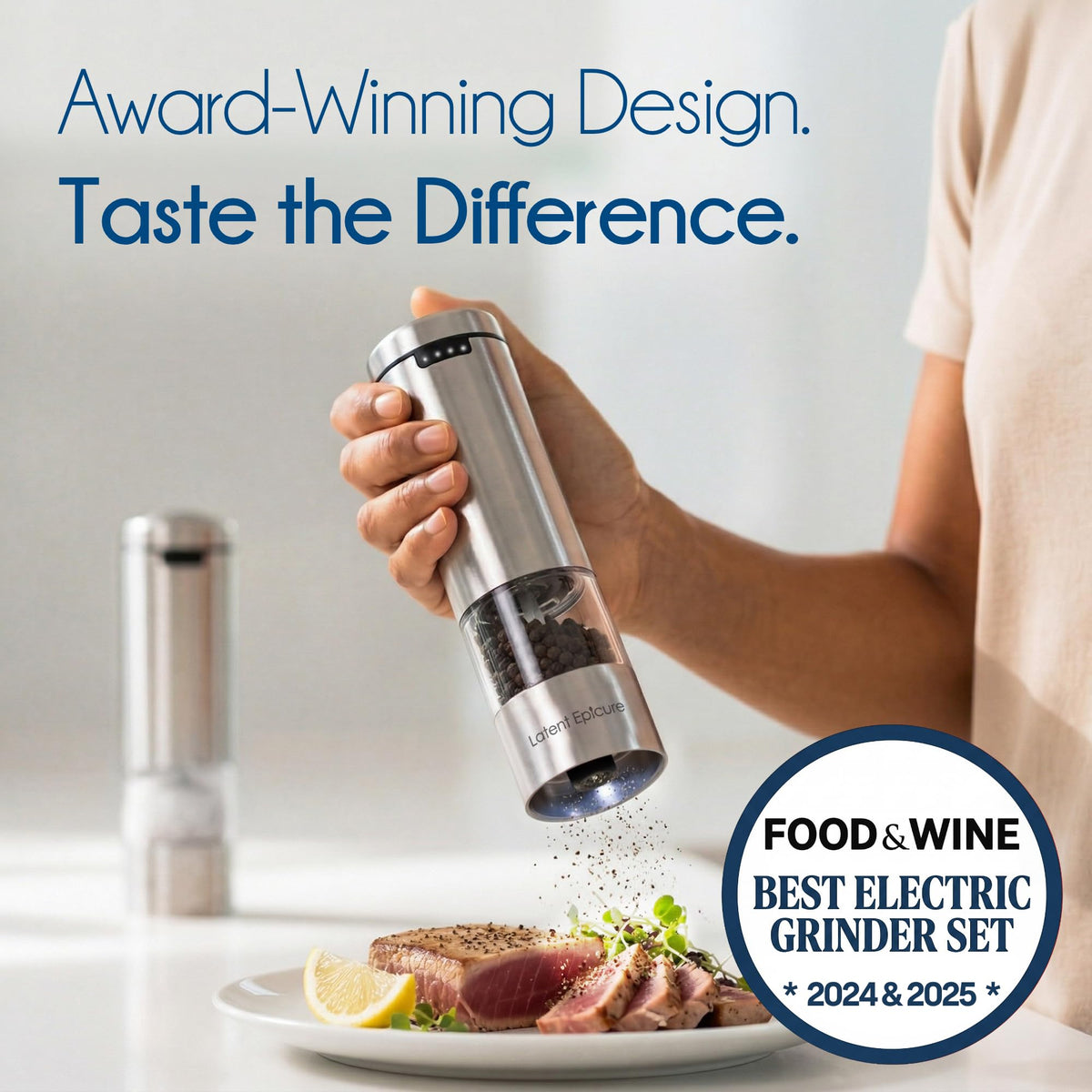 Latent Epicure Electric Salt and Pepper Grinder Set, USB-C Rechargeable Stainless Steel Mills with LED Light, Adjustable Ceramic Grinders and Acrylic Mill Rest Tray