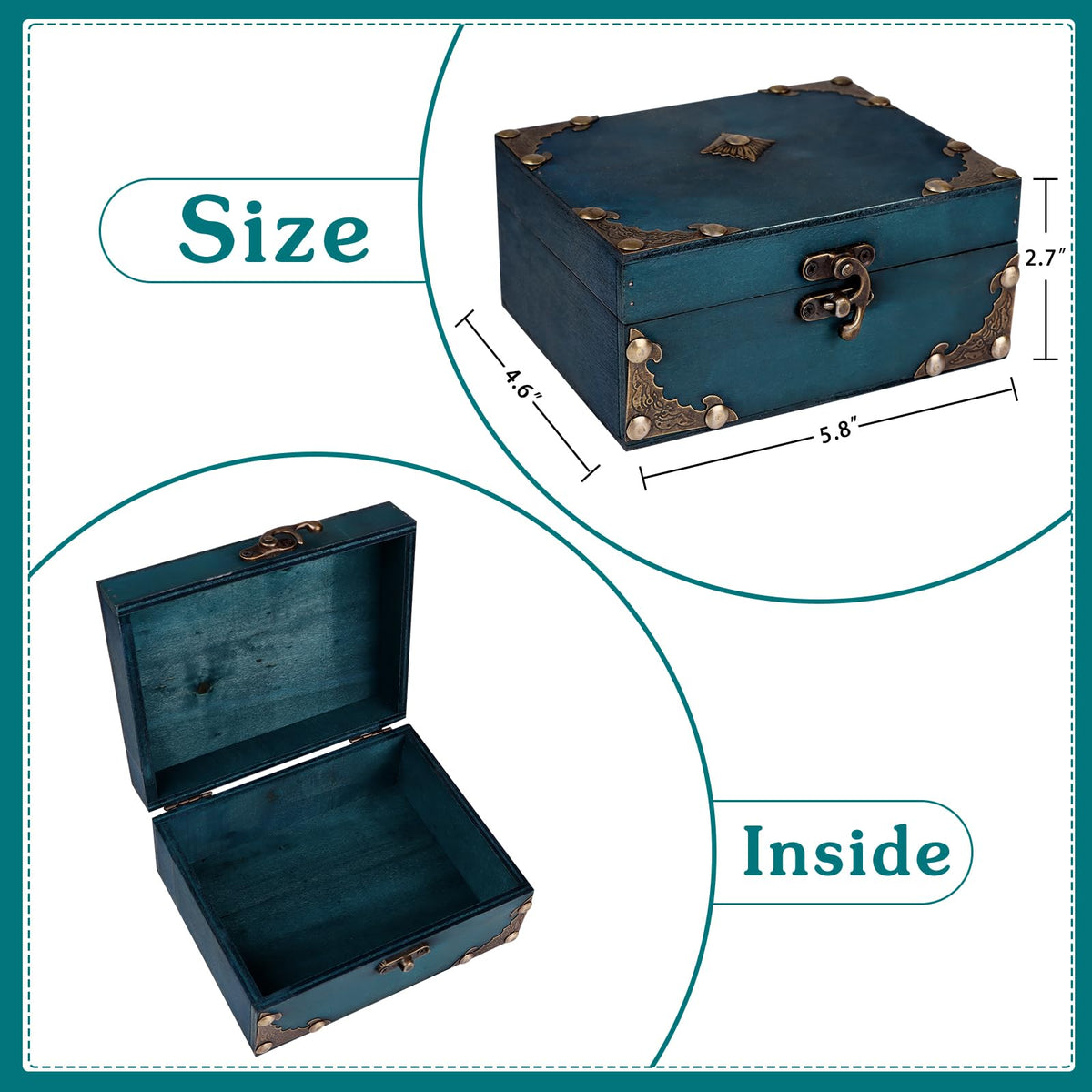 WaaHome Wood Treasure Box 5.5'' Small Decorative Teal Pirate Treasure Chest Jewelry Keepsakes Box for Kids Girls Boys Women Gifts Home Decor
