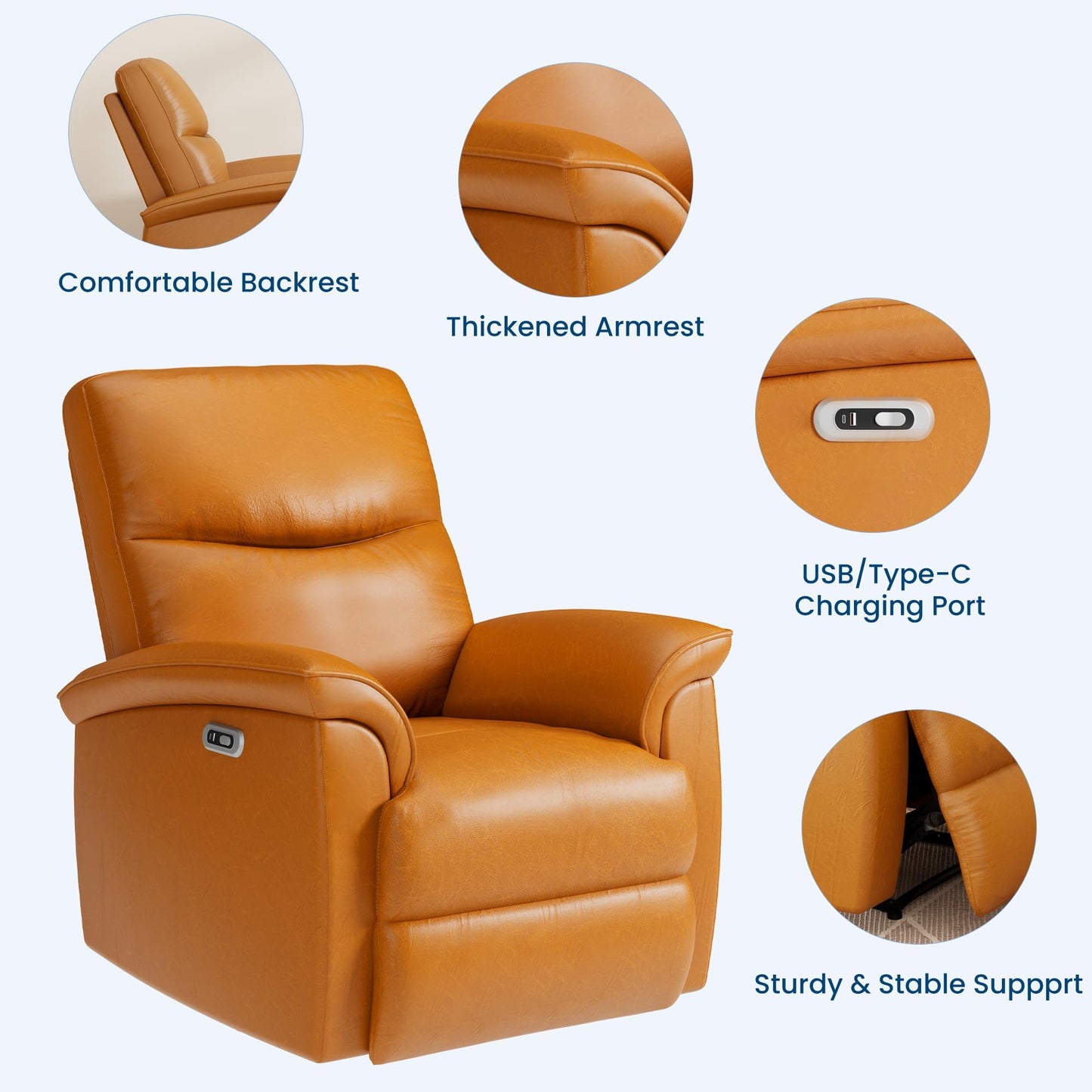 Leather Recliner Chair for Adults Power Recliner with USB Charging Ports Electric Reclining Sofa for Living Room Home Theater Seating Bedroom (Vibrant Orange)