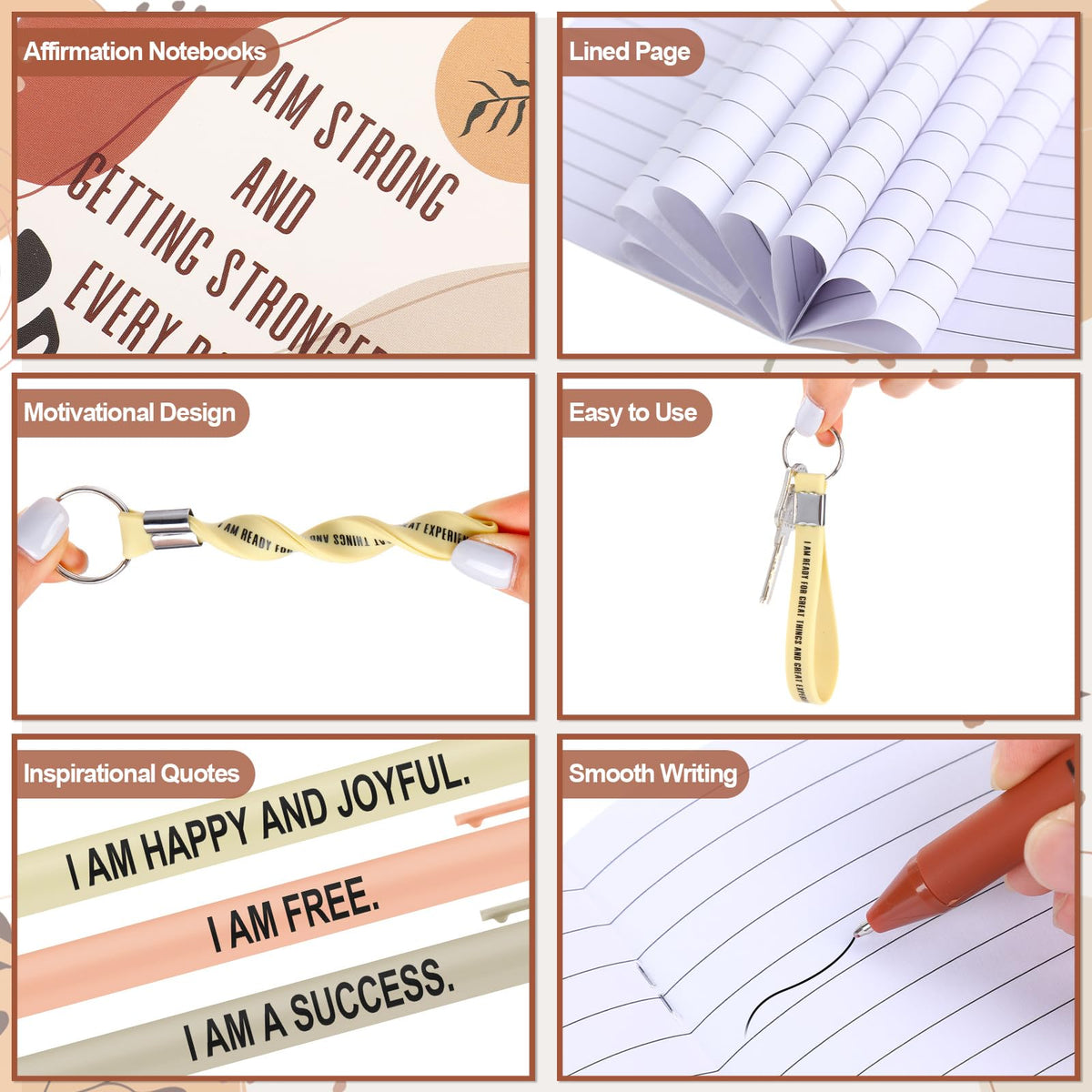 Mooliwe Positive Affirmation Gift Set Gratitude Notebooks with Pens Keychains Small Bags Motivational Party Favors for Adult Women Coworkers Employee Group(24 Set,Boho)