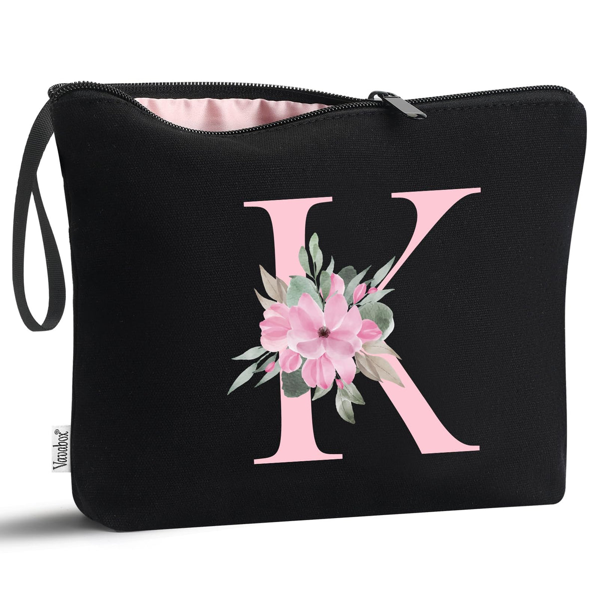 Vavabox A-Z Personalized Makeup Bag, Birthday Gifts for Women Mom, Gifts for Best Friend, Bride Bridesmaid Cosmetic bag (K, Black)
