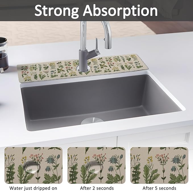 24" X 5.5" Kitchen Sink Splash Guard Faucet Mat Floral Super Absorbent Fast