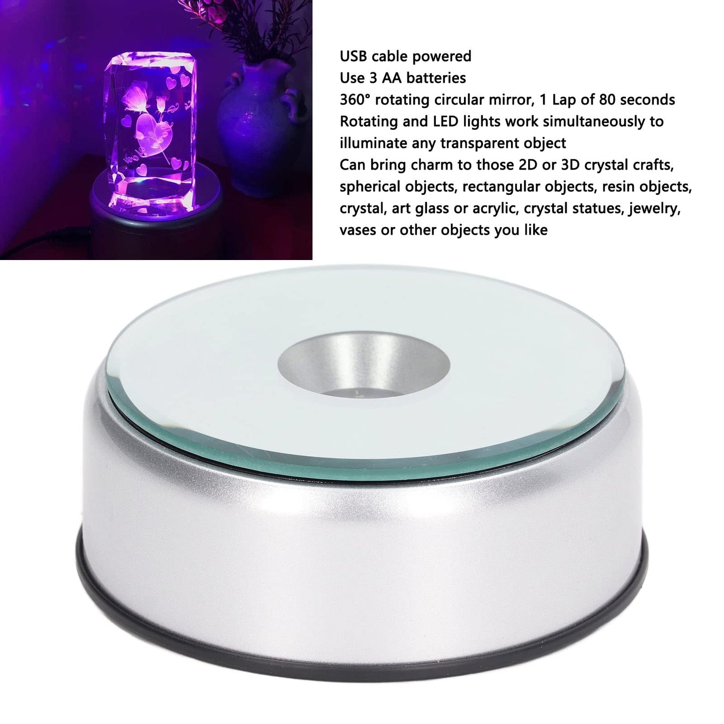Hapivida LED Light Base, 360° Display Stand Light Rotating Display Base 80 Seconds Per Lap 3D Glass Crystal Art