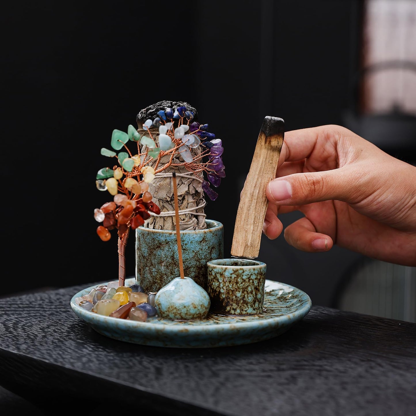 5 in 1 Incense Burner Holder with Crystal Healing Tree, Palo Santo Holder, Sage Holder, Incense Holder for Sticks/Cones/Candles, Ceramic Tray Ash Catcher for Burning Incense, Meditation Gift