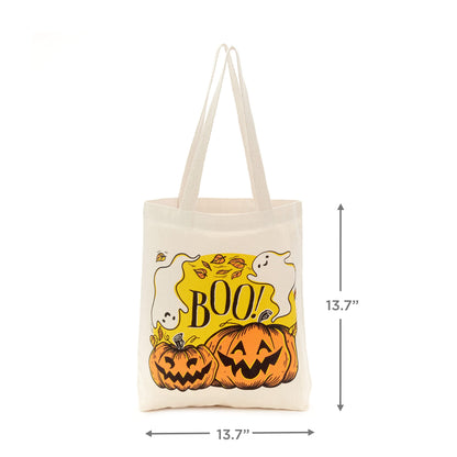 Hallmark 13" Large Halloween Tote Bag (Pumpkins and Ghosts, "Boo!") Reusable Canvas Bag for Trick or Treating, Grocery Shopping and More