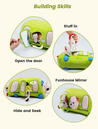 BizyKoady Baby Toys 6-12 Months - Sensory Toys Bus with Stuffed Puppies, Rattle, Crinkle Paper, Mirror & Squeaker, Montessori Toys for 6 Month Old Babies, Sensory Balls Toddlers 1-3