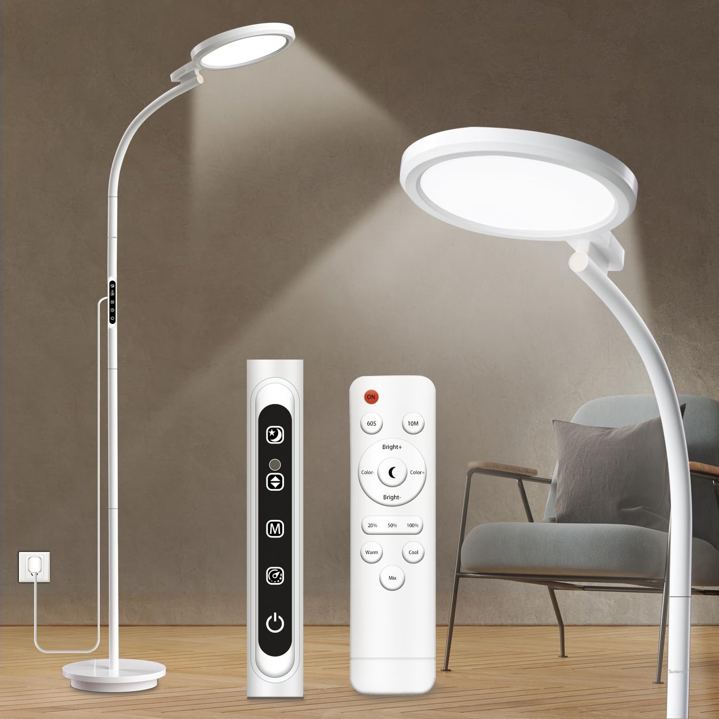 Light Therapy Lamp, 10000 Lux Floor Happy Therapy Light, UV-Free Sun Lamp with 5 Brightness & 5 Color Temperatures, 3 Heights for Apartment/Office/Home