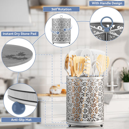 YIUKEA Extra Large Utensil Holder - 360° Rotating Cooking Utensils Caddy Countertop Organizer with Instant-Dry and Removable Base for Kitchen Tools