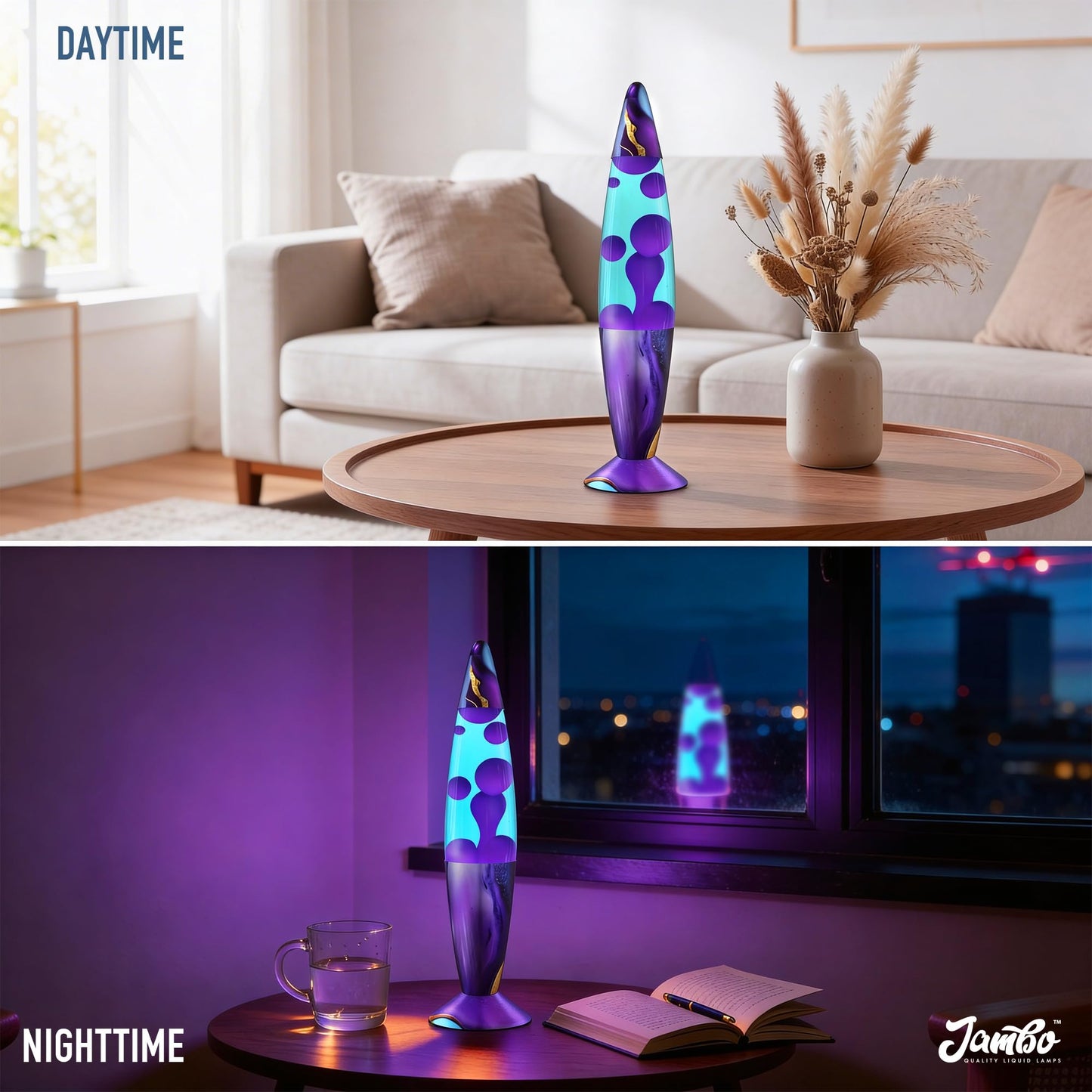 JAMBO 16" Beautiful Lamp- Teal with Purple Wax- Relaxing Liquid Light, Night Light Nightlight, Retro Home Decor Light, Living Room Office Bedroom Lamp for Adults Teens Kids, Magma Motion