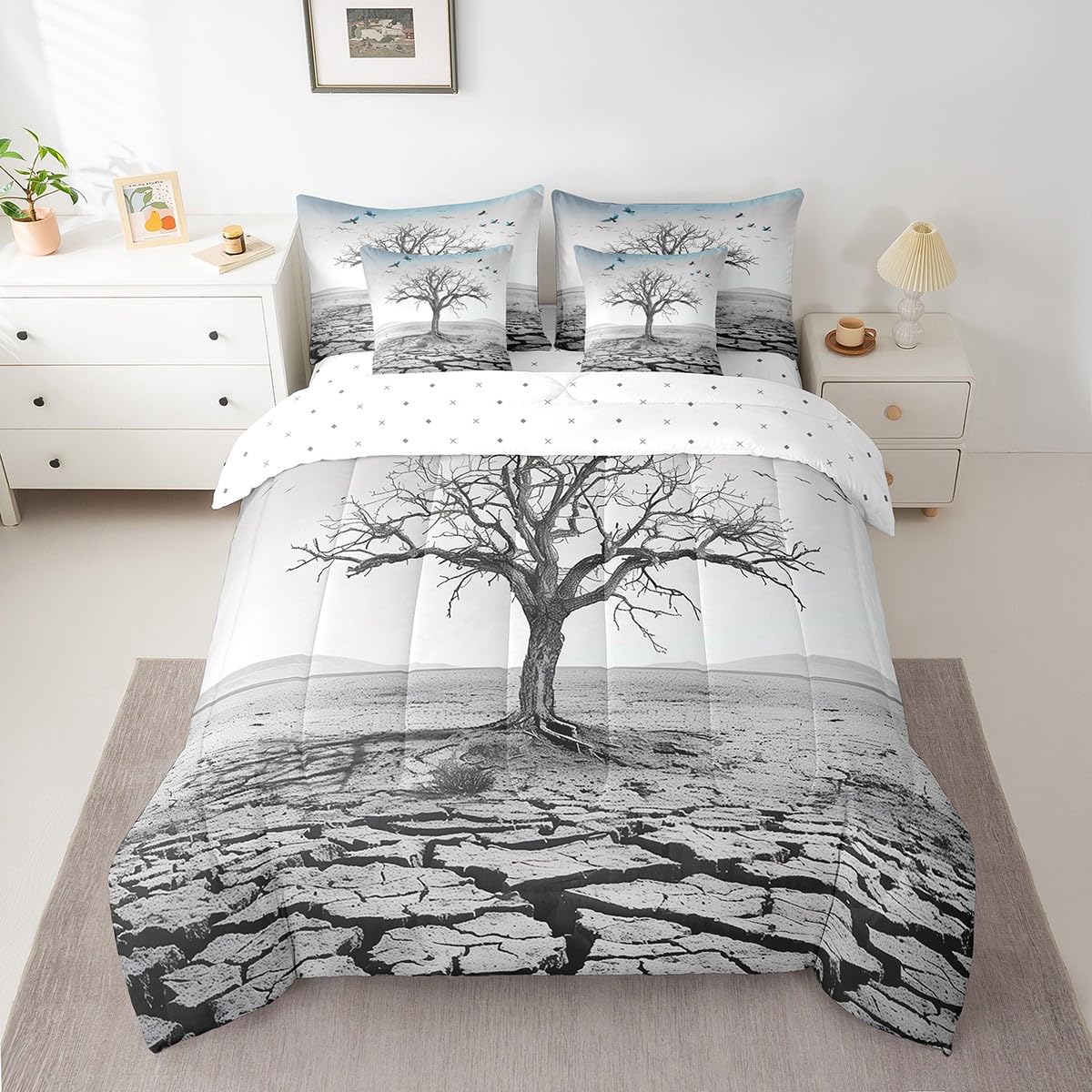 Homewish Natural Style Reversible Comforter Set 7 Piece King Size,Tree Branch Blue Birds Animal Print Bed Sheet Set Abstract Art Room Decor Modern Bedding Set with Comforter,Fitted & Flat Sheet