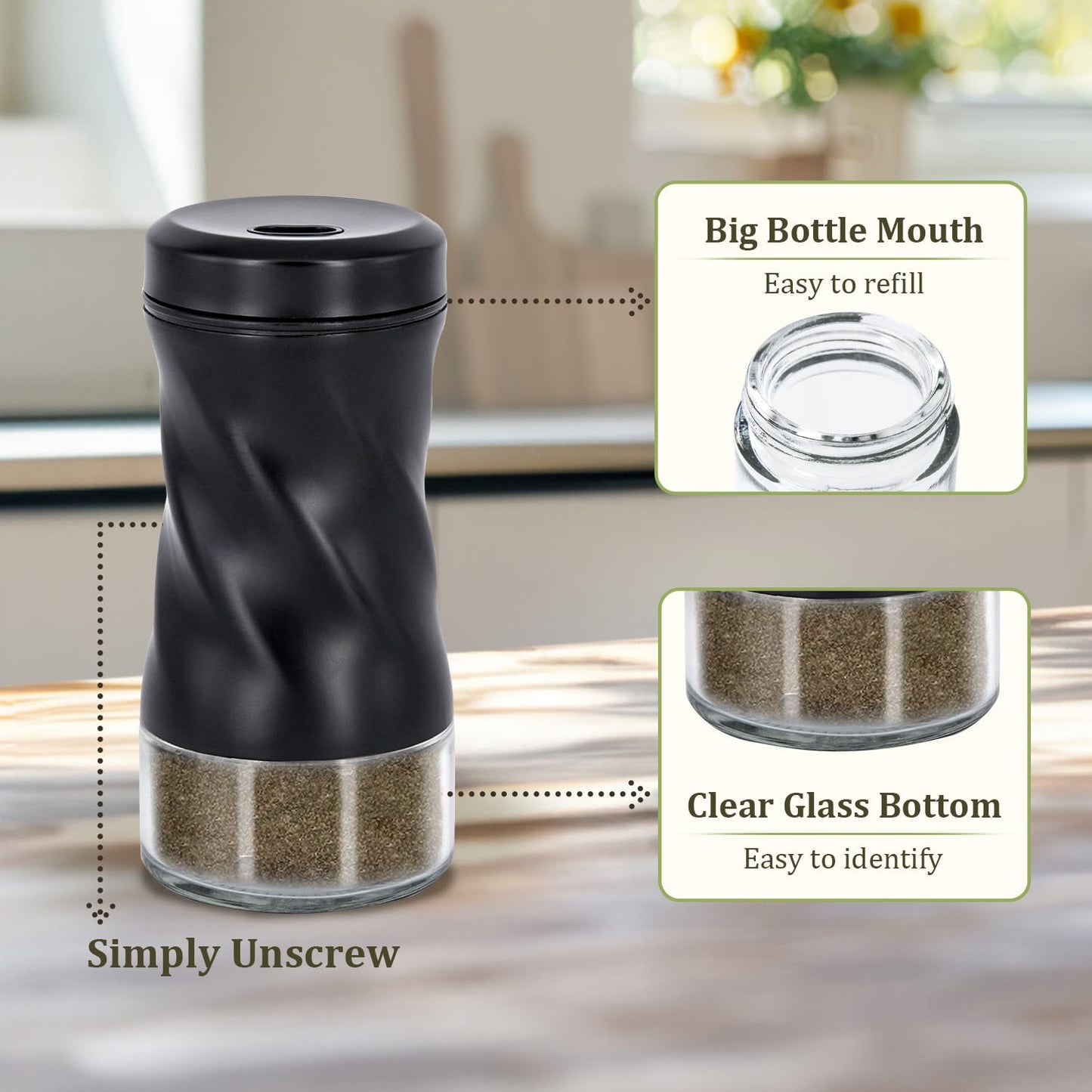 Farmhouse Salt and Pepper Shakers with Adjustable Pour Holes, Refillable Glass Salt Shaker with Stainless Steel Lids by NEODACO, Ideal for Himalayan, Kosher, and Black Pepper (Black & White)