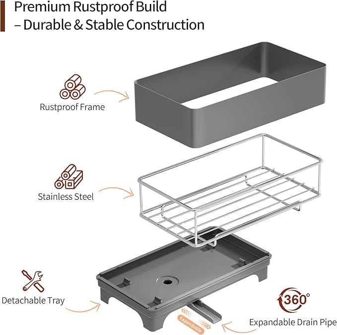 MOUKABAL Sponge Holder for Kitchen Sink – Rustproof Stainless Steel, 360°