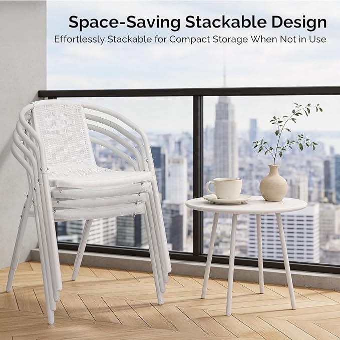 VINGLI PE Rattan Outdoor Dining Chairs Set of 4, Plastic Stackable Patio Chairs for Indoor, Porch, Restaurant, Garden, White