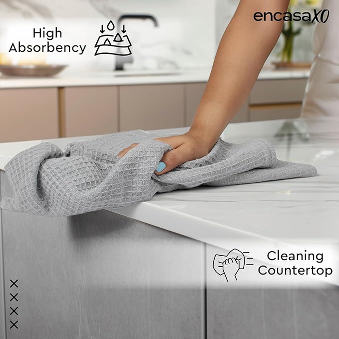 Encasa XO Kitchen Dish Towels Set | Light Grey | Waffle Weave and Flat Hand Tea