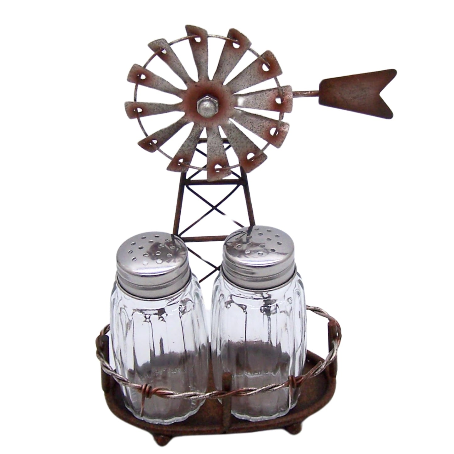 Windmill Salt and Pepper Set Holder, Unique Rustic Décor, Shakers Included, 6.5 Inches