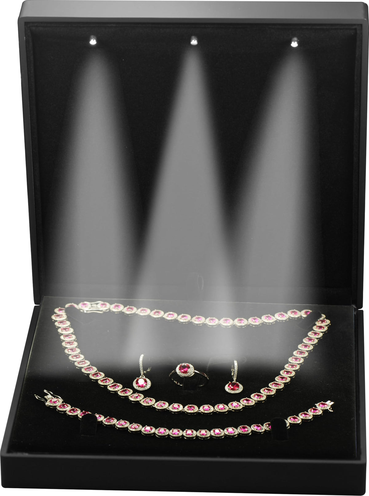 LED Black Extra Large Necklace Earring Ring Bracelet Set Jewelry Gift Box with Light for Wedding, Engagement..for Men Women