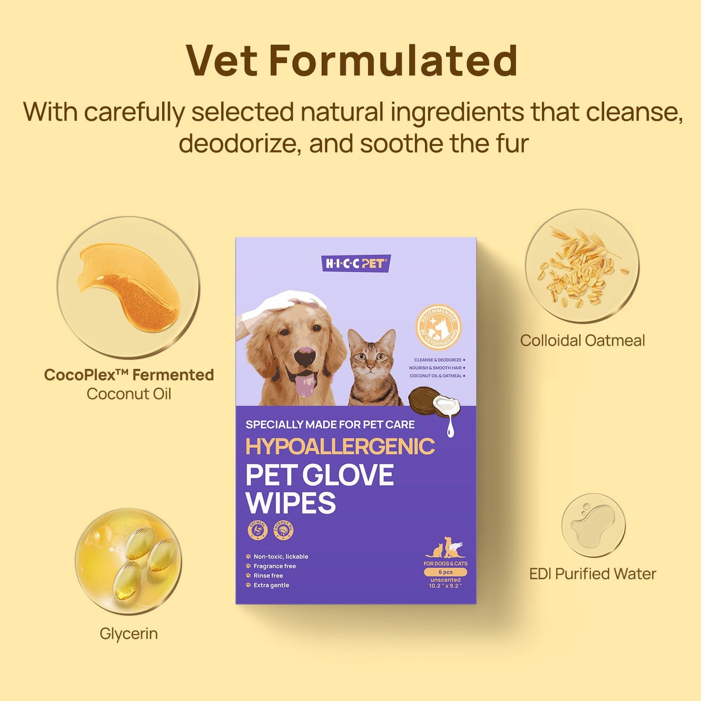 HICC PET Cleaning & Deodorizing Bath Wipes for Dogs and Cats, Hypoallergenic Nourish Fur Coconut Oil Dog Grooming Wipes, Puppy Bathing Gloves Wipes for Daily and Traveling