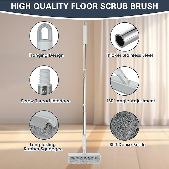 Floor Scrub Brush with Long Handle, 2 in 1 V-Shape Grout Brush with Squeegee +