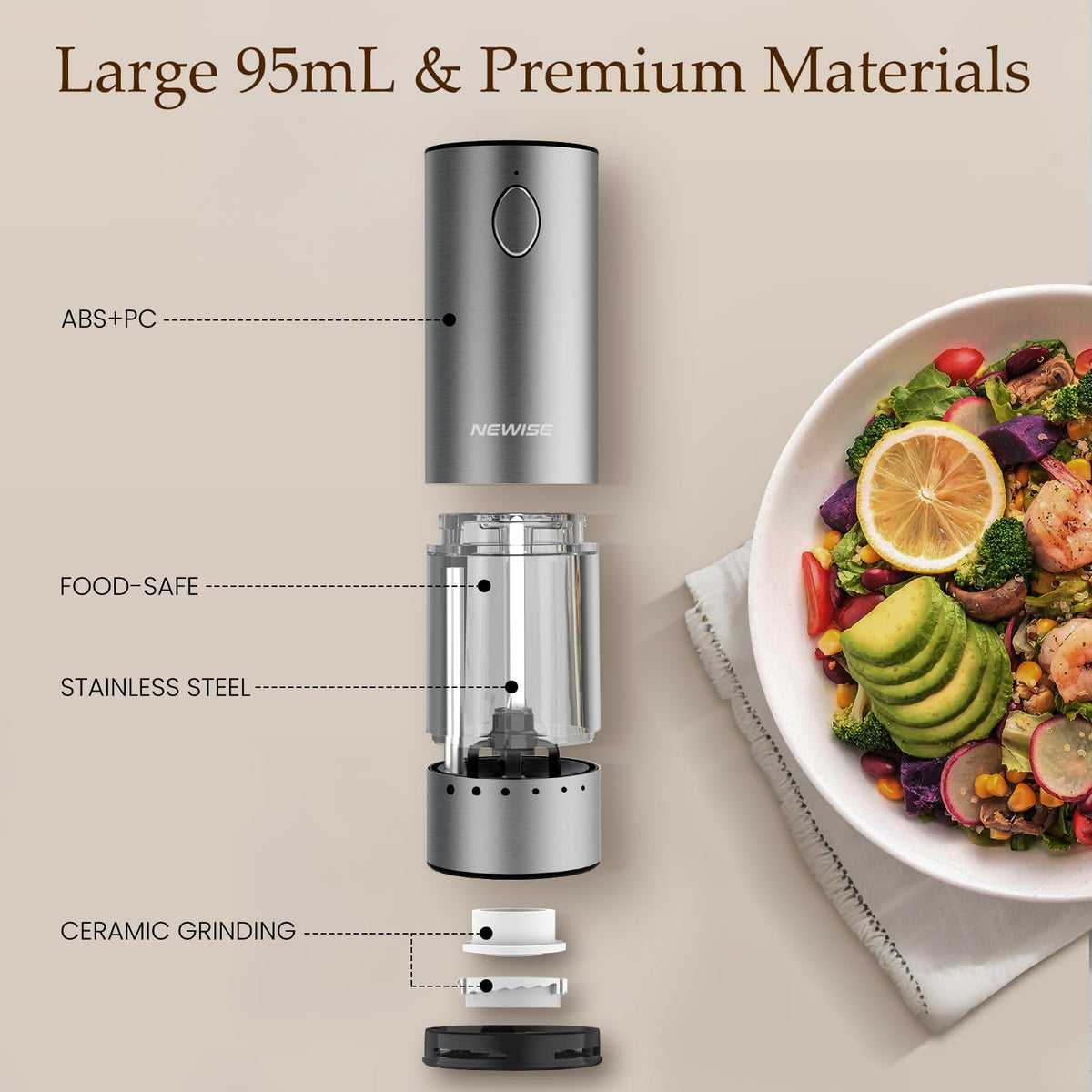 Newise Electric Salt and Pepper Grinder Set - Rechargeable Stainless Steel Salt and Pepper Shakers with LED Lights, Adjustable Coarseness, Large Capacity, Kitchen Appliances Gifts for Women
