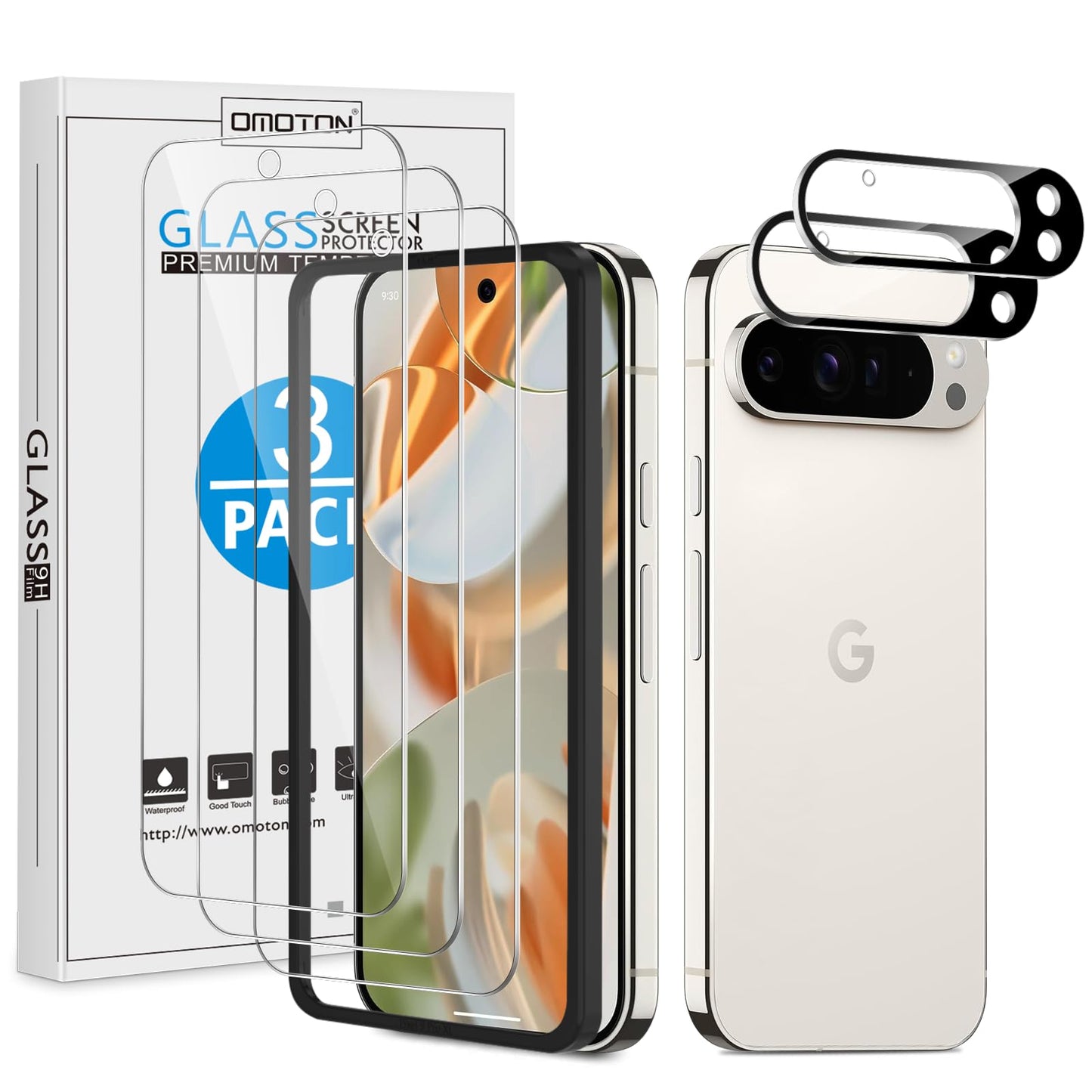 OMOTON 3+2 Pack for Google Pixel 9 Pro Screen Protector, 3 Pack Tempered Glass Screen Protector & 2 Pack Camera Lens Protector for Pixel 9 Pro 2024 6.3-inch, Case Friendly (Not for Pixel 9/9 Pro XL)