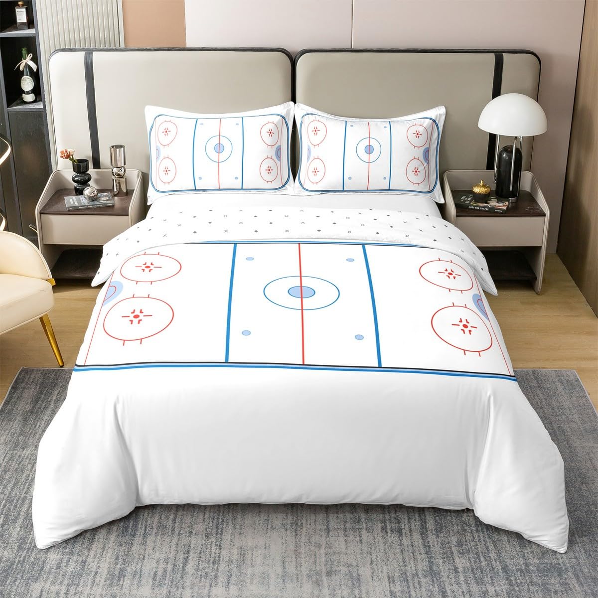 Erosebridal Hockey 100% Cotton Duvet Cover Twin Size,Ice Puck Hockey Rink Bedding Set for Boys Kids Teens,Winter Sport Game Comforter Cover,Red Blue Stripes Decor Bedspread Cover with 1 Pillow Case