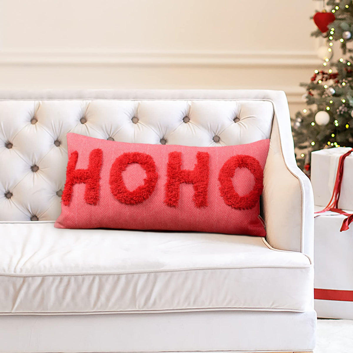 LOOPUINHOM HOHOHO Red Christmas Pillow Covers Christmas Decorations Rectangle Lumbar Waist Throw Pillow Covers for Couch Sofa Bed Living Room 12X24 Inches