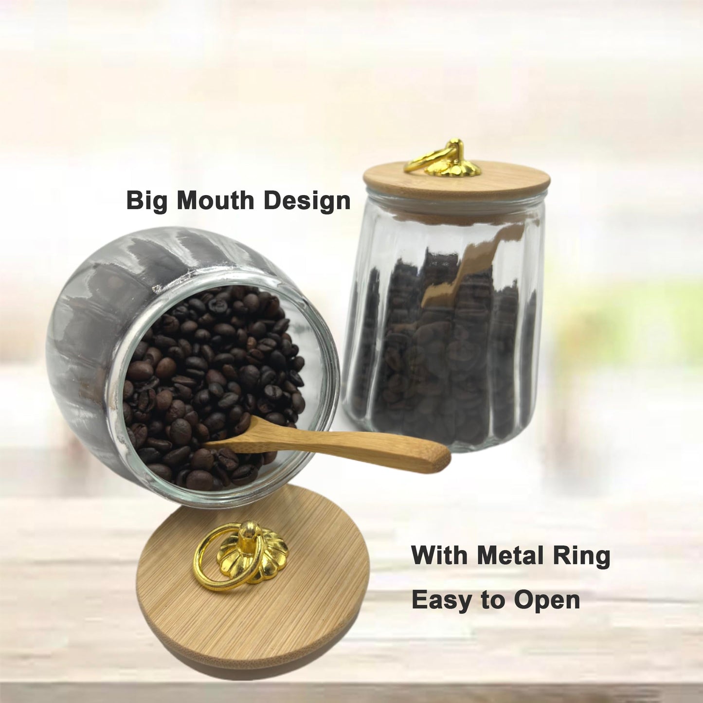 BEECO GIF2U Glass Airtight Storage Jars with Spoons,Bamboo Lid Canister for Foods,Decorative Container with Metal Handle Easy to Grasp 2Pack Oval